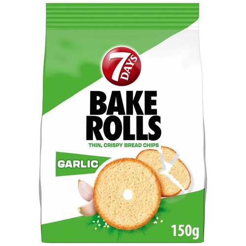 Opakowanie 7DAYS Bake Rolls o smaku czosnkowym. Biało-zielona torebka z grafiką chrupiących chipsów chlebowych i czosnku. Waga 150g.