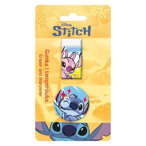 Zestaw szkolny Disney Stitch na żółtym opakowaniu. Zawiera białą gumkę z różową postacią Angel i okrągłą temperówkę z wesołym, mrugającym Stitchem. Tło opakowania to tropikalny krajobraz z palmami.