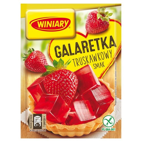 Saszetka Winiary Galaretka Truskawkowy Smak. Opakowanie jest żółte z czerwonymi elementami. Grafika prezentuje czerwoną galaretkę w kostkach w małej tartaletce, obok świeże truskawki. Jest to jedynie propozycja podania.