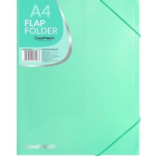 Miętowa teczka A4 z klapką i gumką, marki CoolPack. Widoczna etykieta z nazwą produktu.