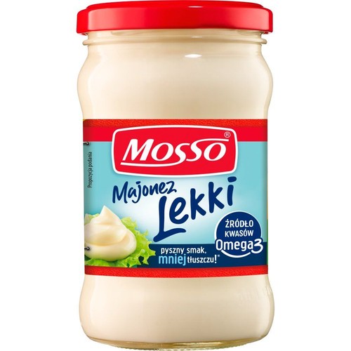 Produkt Mosso: majonez lekki w słoiku. Na etykiecie grafika majonezu na sałacie i hasło "pyszny smak, mniej tłuszczu!".