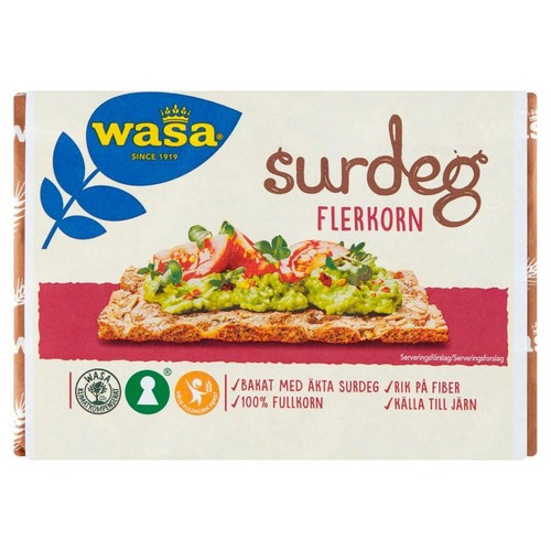 Wasa Surdeg Flerkorn, chrupkie pieczywo pełnoziarniste. Na opakowaniu grafika z propozycją podania.