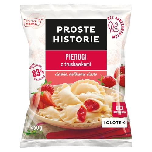 Biało-czerwone opakowanie pierogów z truskawkami Proste Historie, 450g. Grafika przedstawia ugotowane pierogi z truskawkami na talerzu.