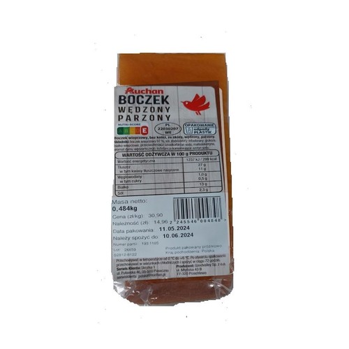 Opakowanie Auchan Boczek Wędzony Parzony, 0,484 kg. Data pakowania 11.05.2024. Termin spożycia 10.06.2024.