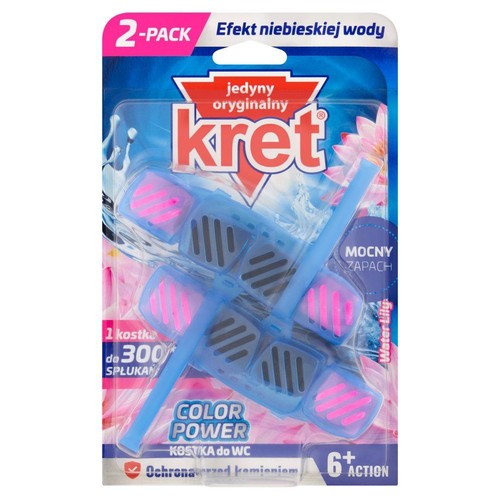 Dwupak kostek do WC Kret Color Power. Niebieska woda, mocny zapach lilii wodnej. 1 kostka do 300 spłukań.