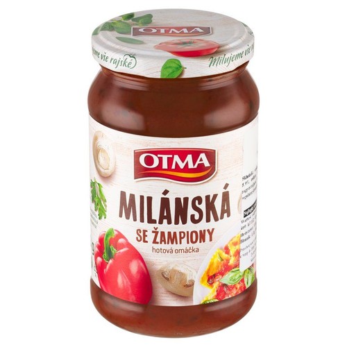 Produkt OTMA: gotowy sos Milański z pieczarkami, zapakowany w przezroczysty słoik. Etykieta przedstawia czerwoną paprykę, pieczarkę, zielone zioła i talerz z daniem. Na wieczku napis "OTMA" i grafiki pomidorów. Waga 340 g.