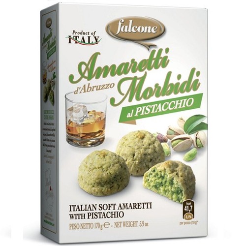Opakowanie włoskich miękkich ciasteczek amaretti z pistacjami marki Falcone, waga netto 170g. Na froncie pudełka grafika przedstawia trzy zielone ciasteczka, w tym jedno przekrojone, oraz świeże pistacje.