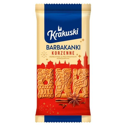 Opakowanie herbatników Krakuski Barbakanki Korzenne. Na opakowaniu grafiki ciastek, cynamonu i anyżu.