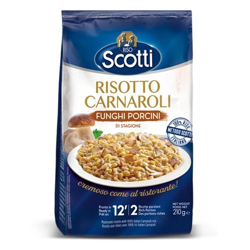 Riso Scotti Risotto Carnaroli z grzybami borowikowymi, 210g. Włoski ryż Carnaroli, gotowy w 12 minut. Opakowanie przedstawia talerz kremowego risotto z grzybami, sugerując bogate porcje.
