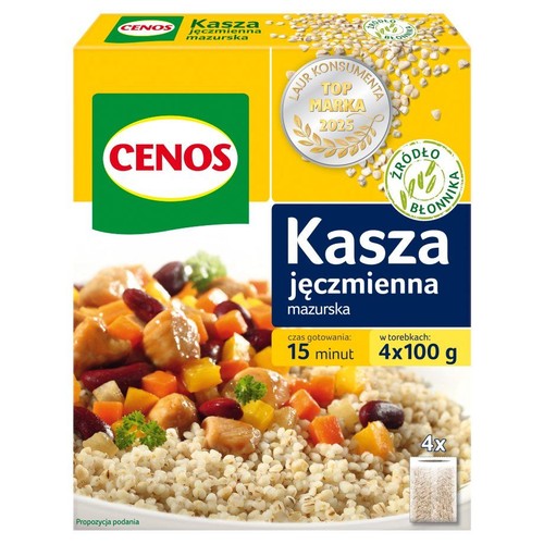 CENOS Kasza jęczmienna mazurska, 4 torebki po 100g. Żółte pudełko z grafiką dania i czasem gotowania 15 minut.