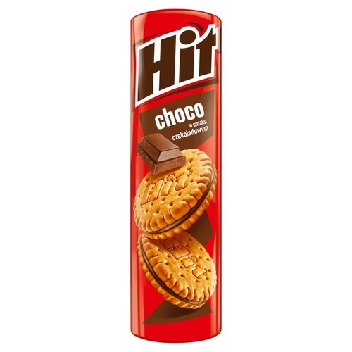 Opakowanie ciastek Hit Choco. Czerwona tuba z grafiką okrągłych ciastek z czekoladowym nadzieniem i kawałka czekolady.