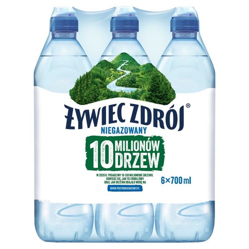 Zgrzewka 6 butelek wody niegazowanej Żywiec Zdrój, każda po 700 ml, łącznie 4.2 litra. Na etykiecie grafika gór i rzeki oraz hasło "10 milionów drzew". Informacja o sadzeniu drzew do 2025 roku i ich roli w dbaniu o wodę.
