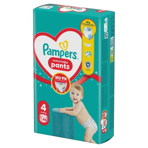 Paczka pieluchomajtek Pampers, rozmiar 4, 66 sztuk. Opakowanie w kolorze turkusowym z czerwonym sercem i uśmiechniętym dzieckiem.