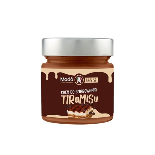Słoik kremu do smarowania Madò Tiramisu. Etykieta jest brązowa z białym wzorem na górze i napisem "KREM DO SMAROWANIA TIRAMISU". Poniżej napisu widoczna jest grafika kawałka deseru tiramisu.