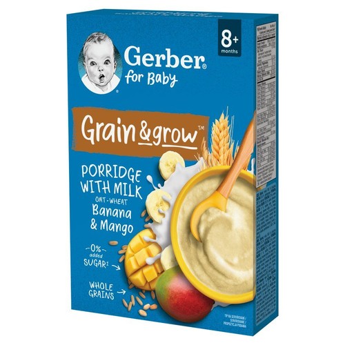 Gerber Grain & Grow, kaszka owsiano-pszenna z mlekiem, bananem i mango. Dla dzieci 8+ miesięcy, bez dodatku cukru.