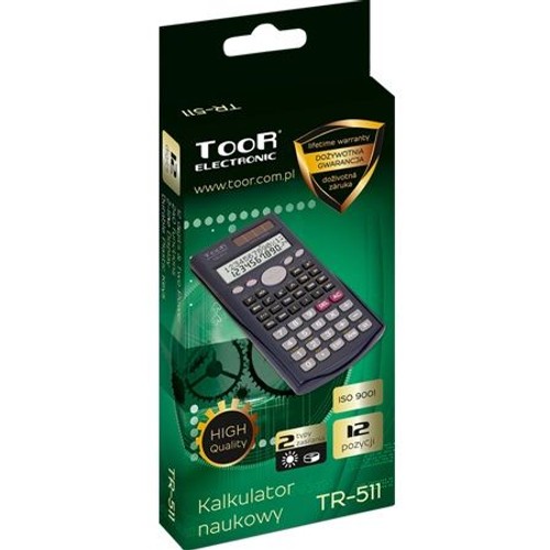 Produkt: kalkulator naukowy TOOR TR-511 w zielonym opakowaniu. Na pudełku znajduje się grafika kalkulatora z wyświetlaczem. Wyróżnione cechy to dożywotnia gwarancja, wysoka jakość, 2 typy zasilania i 12-pozycyjny wyświetlacz.