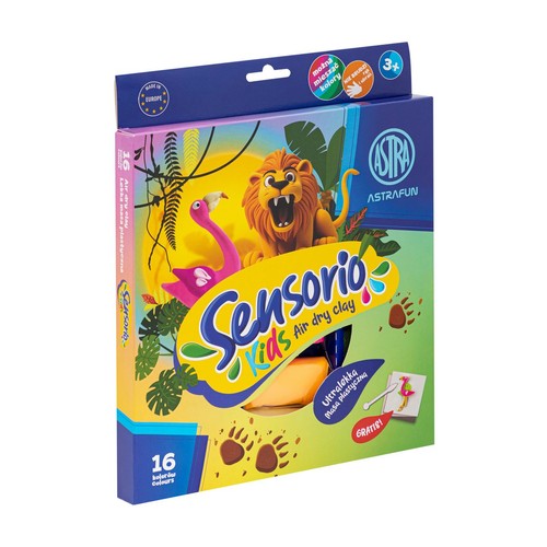 Opakowanie masy plastycznej ASTRAFUN Sensorio Kids, 16 kolorów. Masa schnąca na powietrzu, ultralekka, nie brudzi i nie klei się.