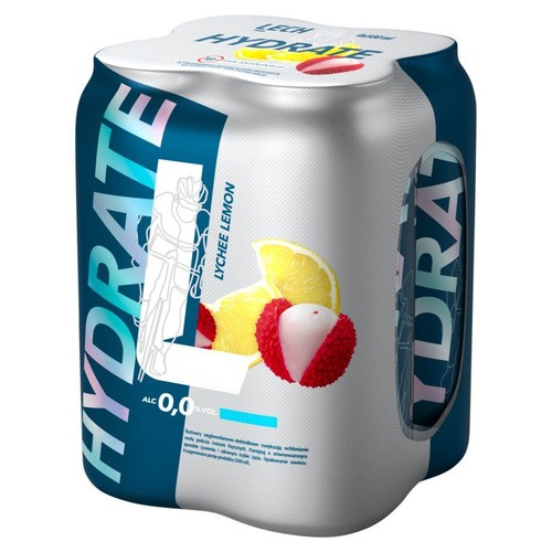 Zgrzewka 4 puszek napoju izotonicznego Lech Hydratte Lychee Lemon, każda po 500 ml. Produkt bezalkoholowy (0.0% vol). Na opakowaniu widoczne są świeże cytryny, owoce liczi oraz grafika przedstawiająca rowerzystę.