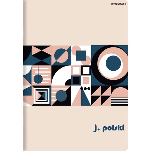 Zeszyt z beżową okładką i ozdobnym, poziomym pasem geometrycznych figur. Wzór składa się z elementów w kolorach jasnego różu, granatowego, czarnego i białego, tworząc abstrakcyjną kompozycję. Na okładce widnieje tekst "j. polski" oraz "TOP 2000".