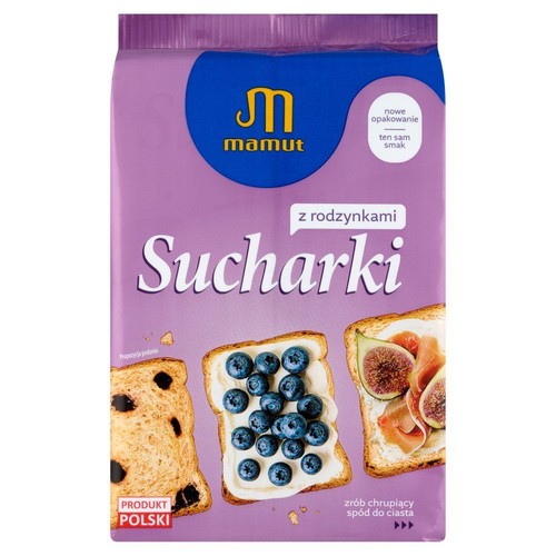 Opakowanie sucharków Mamut z rodzynkami. Fioletowa torebka z logo Mamut i napisem "Sucharki".