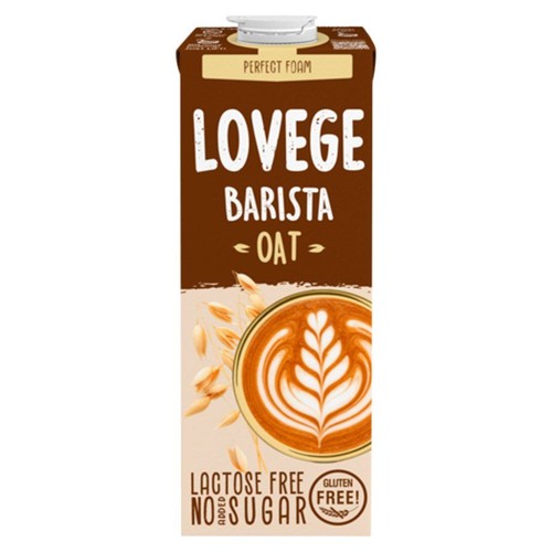 Brązowo-beżowy karton Lovege Barista Oat. Napój owsiany do kawy, bez laktozy, bez cukru, bez glutenu. Z grafiką kawy.