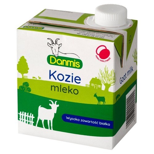 Karton mleka koziego Danmis z białą nakrętką. Na opakowaniu zielone elementy graficzne i napis "Wysoka zawartość białka".