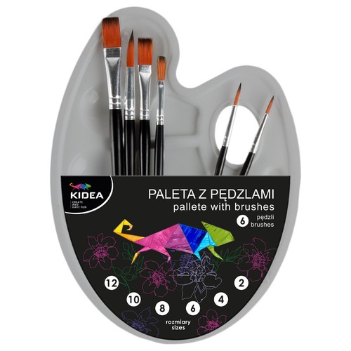 Szara paleta malarska KIDEA z 6 pędzlami o różnych rozmiarach. Na opakowaniu grafika zwierzęcia i kwiatów.