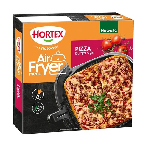 Opakowanie Hortex Air Fryer menu Pizza burger style. Na pudełku pizza z mięsem i serem w koszu frytkownicy. Czas przygotowania 8 min. Nowość.