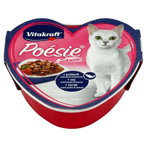 Opakowanie karmy Vitakraft Poésie w kształcie serca. Różowa pokrywka z wizerunkiem białego kota i miski z karmą o smaku dorsza z makaronem.