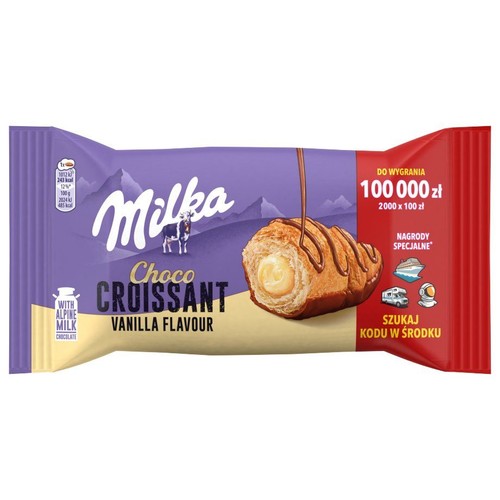 Fioletowo-beżowe opakowanie Milka Choco Croissant o smaku waniliowym. Na grafice przekrojony rogalik z nadzieniem i polewą czekoladową.