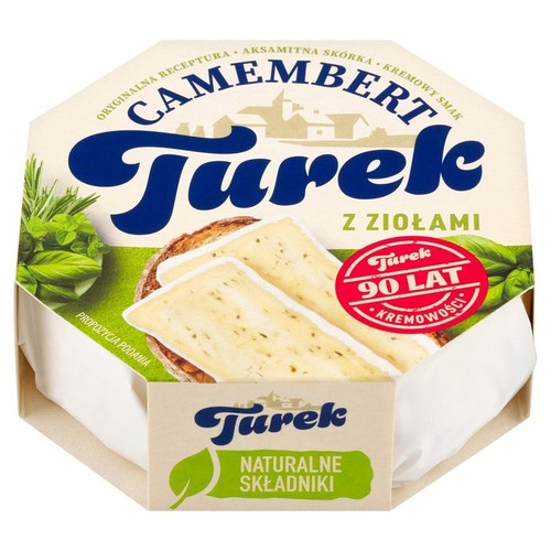 Opakowanie sera Turek Camembert z ziołami. Na wieczku grafika przedstawiająca dwie kromki sera z ziołami na pieczywie.