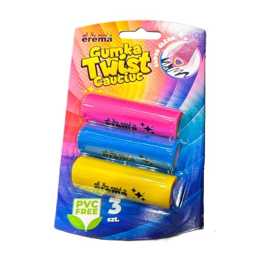 Blister z 3 gumkami Erema Twist Cauciuc: różową, niebieską i żółtą. Produkt jest bez PVC.