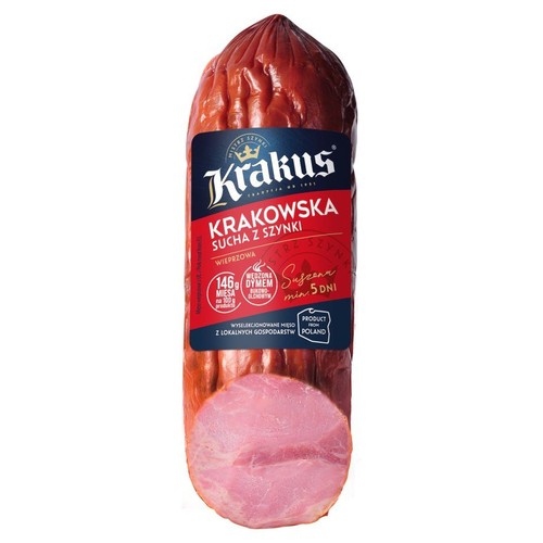 Produkt Krakus: kiełbasa sucha z szynki wieprzowej. Zawiera 146g mięsa na 100g. Wędzona i suszona.