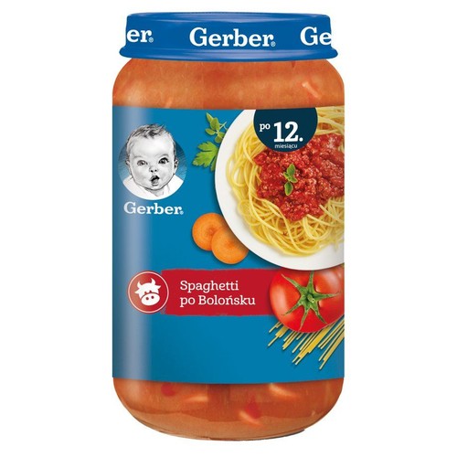 Słoik Gerber Spaghetti po Bolońsku dla dzieci po 12. miesiącu. Na etykiecie talerz spaghetti, pomidor i marchew.