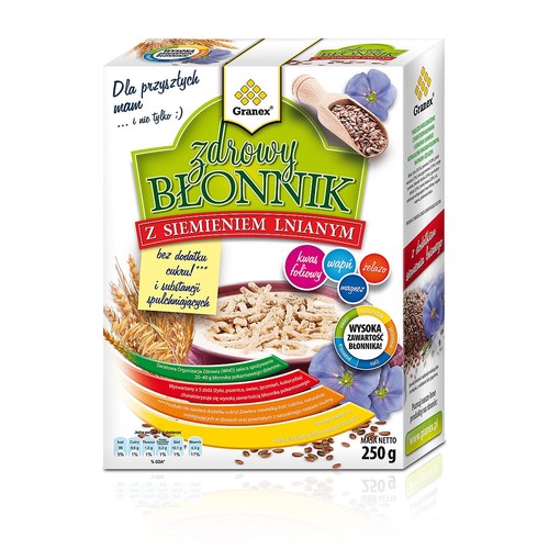 Opakowanie Granex Zdrowy Błonnik z siemieniem lnianym, masa netto 250g. Produkt bez dodatku cukru i substancji spulchniających, przeznaczony dla przyszłych mam i nie tylko. Zawiera wysoką zawartość błonnika, kwas foliowy, wapń, żelazo i magnez.