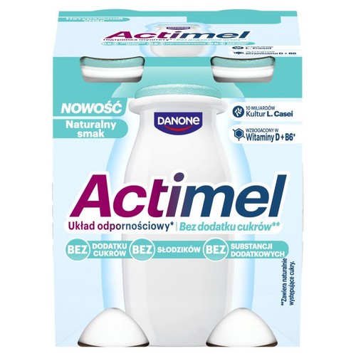 Actimel Naturalny smak, bez dodatku cukrów, słodzików i substancji dodatkowych. Wzbogacony w witaminy D+B6.