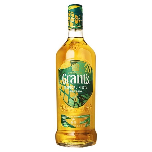 Butelka napoju spirytusowego Grant's Tropical Fiesta o pojemności 1 litra. Na zielonej etykiecie z tropikalnymi liśćmi widnieje nazwa "Grant's" i "Tropical Fiesta Spirit Drink". Produkt jest mieszany z aromatami mango i ananasa.