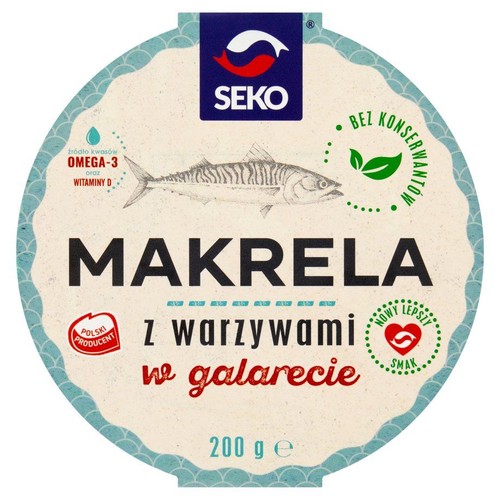 Opakowanie SEKO Makrela z warzywami w galarecie, 200g. Etykieta z grafiką makreli, podkreślająca, że to źródło kwasów Omega-3 i witaminy D. Produkt bez konserwantów, od polskiego producenta, z nowym, lepszym smakiem.