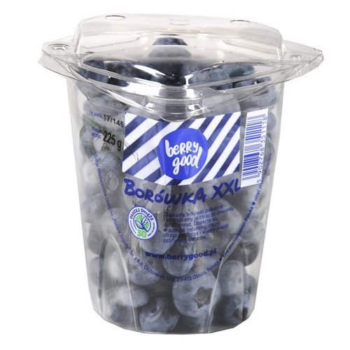 Przezroczyste opakowanie z borówkami Berry Good XXL, 225 g. Owoce są świeże i gotowe do spożycia. Widoczna etykieta produktu.