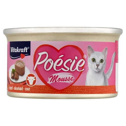 Puszka karmy dla kota Vitakraft Poésie Mousse o smaku wołowiny. Na różowej etykiecie serce, kot i porcja karmy.
