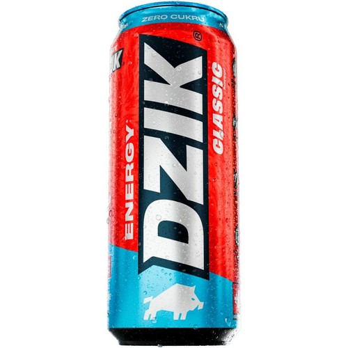 Puszka napoju energetycznego DZIK ENERGY Classic. Czerwono-niebieskie opakowanie z napisem "Zero Cukru".