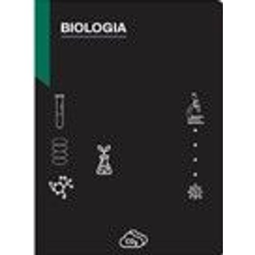 Czarna okładka z napisem "BIOLOGIA" u góry i zielonym pionowym paskiem po lewej stronie. Na okładce rozmieszczone są białe, liniowe ikony symbolizujące biologię: probówka, spirala DNA, cząsteczka, stylizowana roślina, mikroskop, wirus oraz chmura CO2.