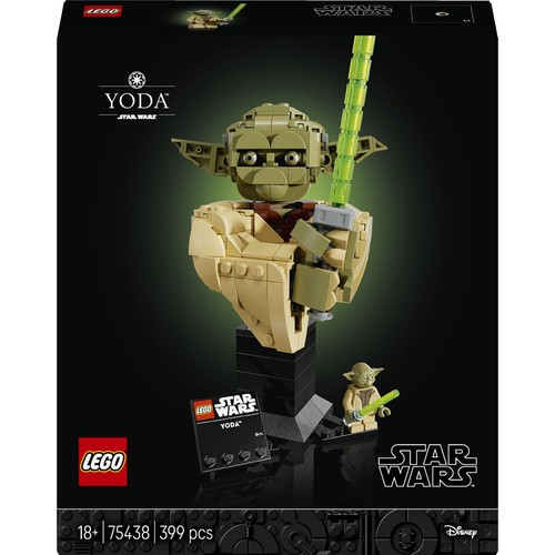 Zestaw LEGO Star Wars Yoda 75438 z 399 elementami, przeznaczony dla dorosłych 18+. Na opakowaniu widoczny jest duży model Yody z klocków, z zielonym mieczem świetlnym. Obok niego stoi mała minifigurka Yody. Całość na czarnym tle z logo Star Wars i Disney.