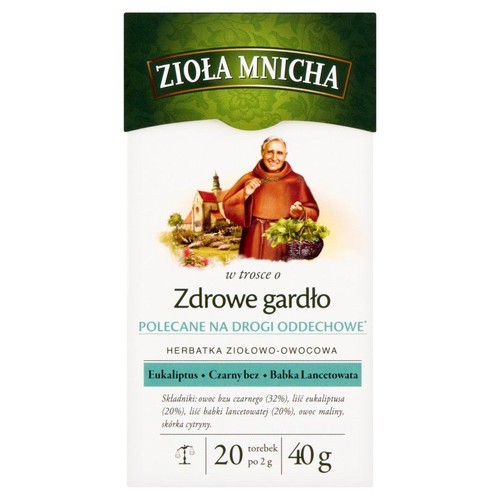 Opakowanie herbaty Zioła Mnicha na zdrowe gardło i drogi oddechowe. Z eukaliptusem, czarnym bzem i babką lancetowatą. 20 torebek.