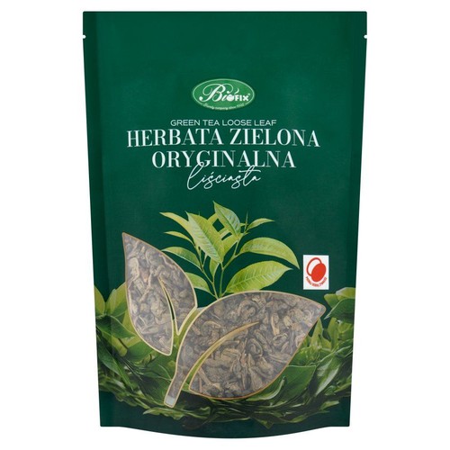 Opakowanie zielonej herbaty liściastej BioFix. Ciemnozielona torebka z napisem "HERBATA ZIELONA ORYGINALNA".