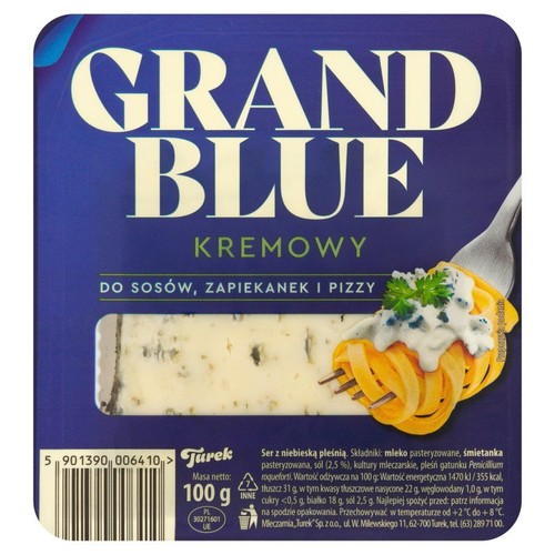Opakowanie sera pleśniowego Turek Grand Blue Kremowy, 100g. Widoczny kawałek sera i sugestia podania z makaronem.