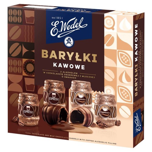 Baryłki kawowe z alkoholem w czekoladzie deserowej i mlecznej  E.Wedel 200 g