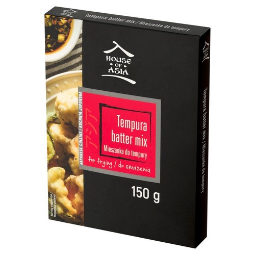 Mieszanka do tempury House of Asia o wadze 150 g. Produkt do smażenia, w czarnym kartonowym opakowaniu. Na etykiecie widnieje nazwa "Tempura batter mix". Z boku opakowania jest zdjęcie gotowej potrawy.