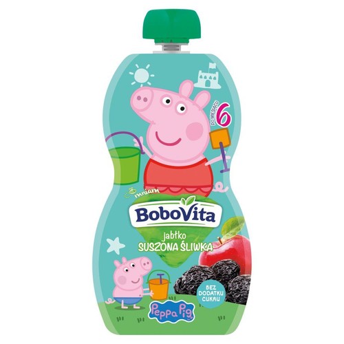 Mus BoboVita Jabłko Suszona Śliwka w saszetce z zieloną zakrętką. Na opakowaniu grafika Świnki Peppy i napis "po 6 miesiącu". Bez dodatku cukru.