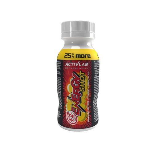 Mała butelka ACTIVLAB ENERGY SHOT z białą zakrętką. Na etykiecie widnieje informacja "25% więcej" oraz "12 godzin" działania. Produkt zawiera 200 mg kofeiny, witaminy i aminokwasy, wspierając energię. Hasło to "PODNIEŚ SWÓJ ŚWIAT".